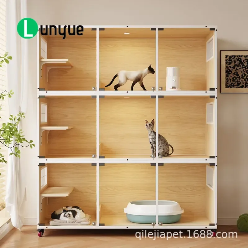 Large Solid Wood Cat Cage Three Layer Glass Door Villa For Big Cats Multi Level Pet House Furniture Sturdy Indoor Home Use