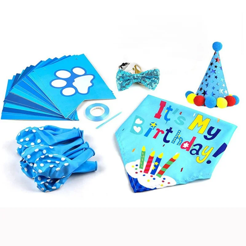 Pet Birthday Party Banner Pull Flag Birthday Hat Set Dog Paw Balloon Saliva Towel Bow Tie Pet Pros Pet Accessories images - 6