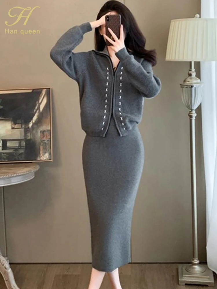 H Han Queen Autumn Winter Woman Knitted Sweater 2 Pieces Set Simple Zipper Cardigan + Vintage High Waist Skirt Korean Skirts Set