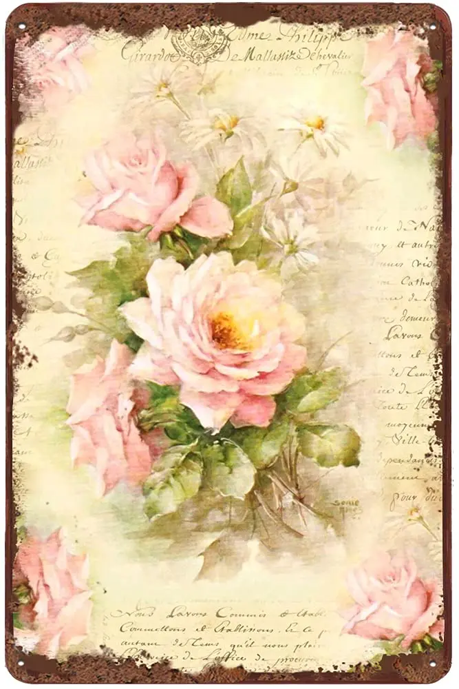 Pink Rose Anique Vintage Tin Sign Flower Decor Floral Metal Sign for Home Office Coffee Bar Club Pub Store Housewarming Gift