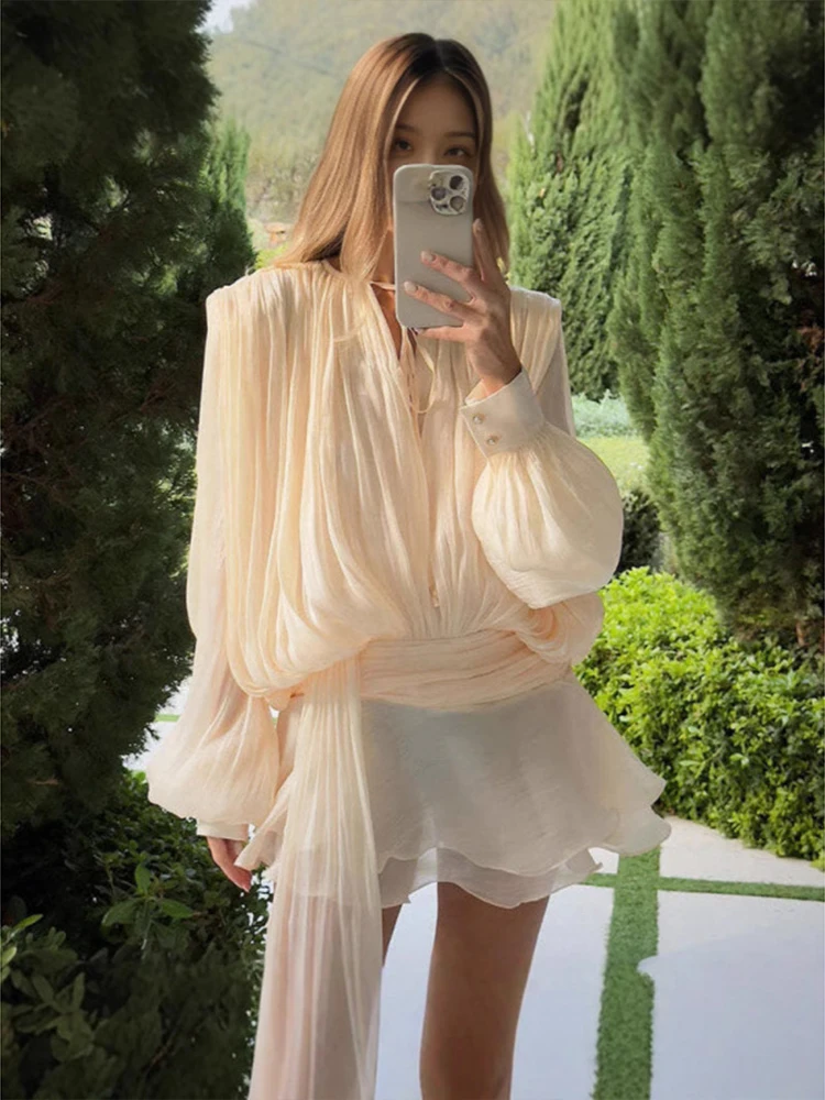

New European and American style women's clothing High waist knot waist tie shiny long sleeve solid color dress short skirt