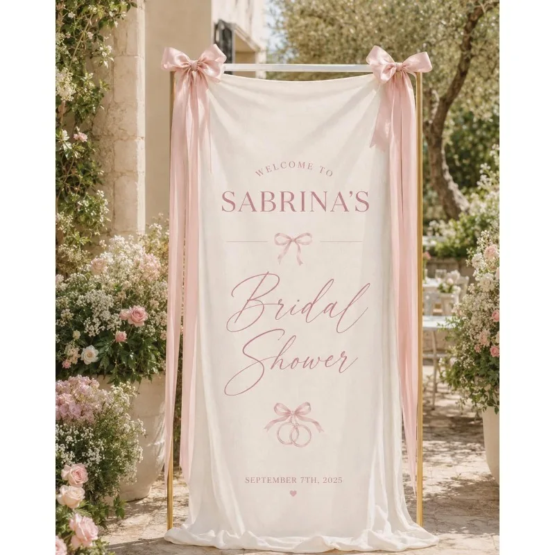 Custom Bridal Shower Sign, Bride Name Banner, Bow Wedding Welcome Decor, Outdoor Party Backdrop, Side Ribbons Not Included
