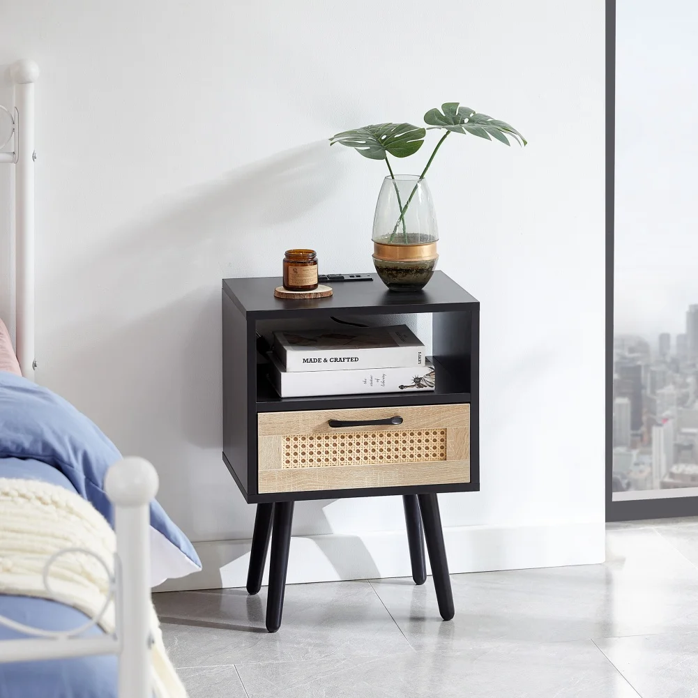 

Modern Nightstand,15.75" Rattan Night Stands with Power Outlet & USB Ports,Drawer Solid Wood Legs Bedroom Night Stand