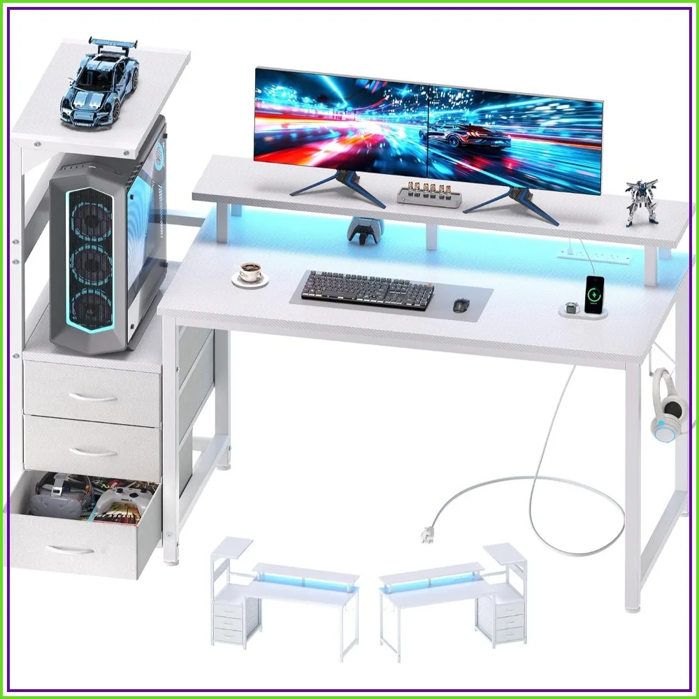 52 inch Gaming Desk with USB Charging Ports & LED Lights, White