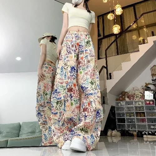 Vintage Cartoon Graffiti Workwear Casual For Women 2026 New Printed Wide-Leg Loose Slimming Straight-Leg Floor-Length Pants