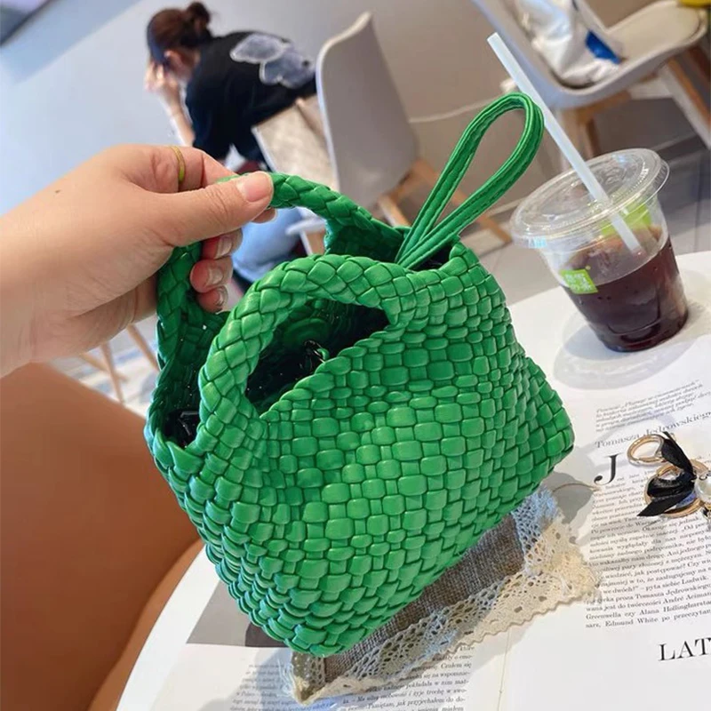 Women Summer Fashion PU Handbag Designer Woven Bag Hot Brown Green Black Bucket Crossbody Shoulder Bags Handmade Totes