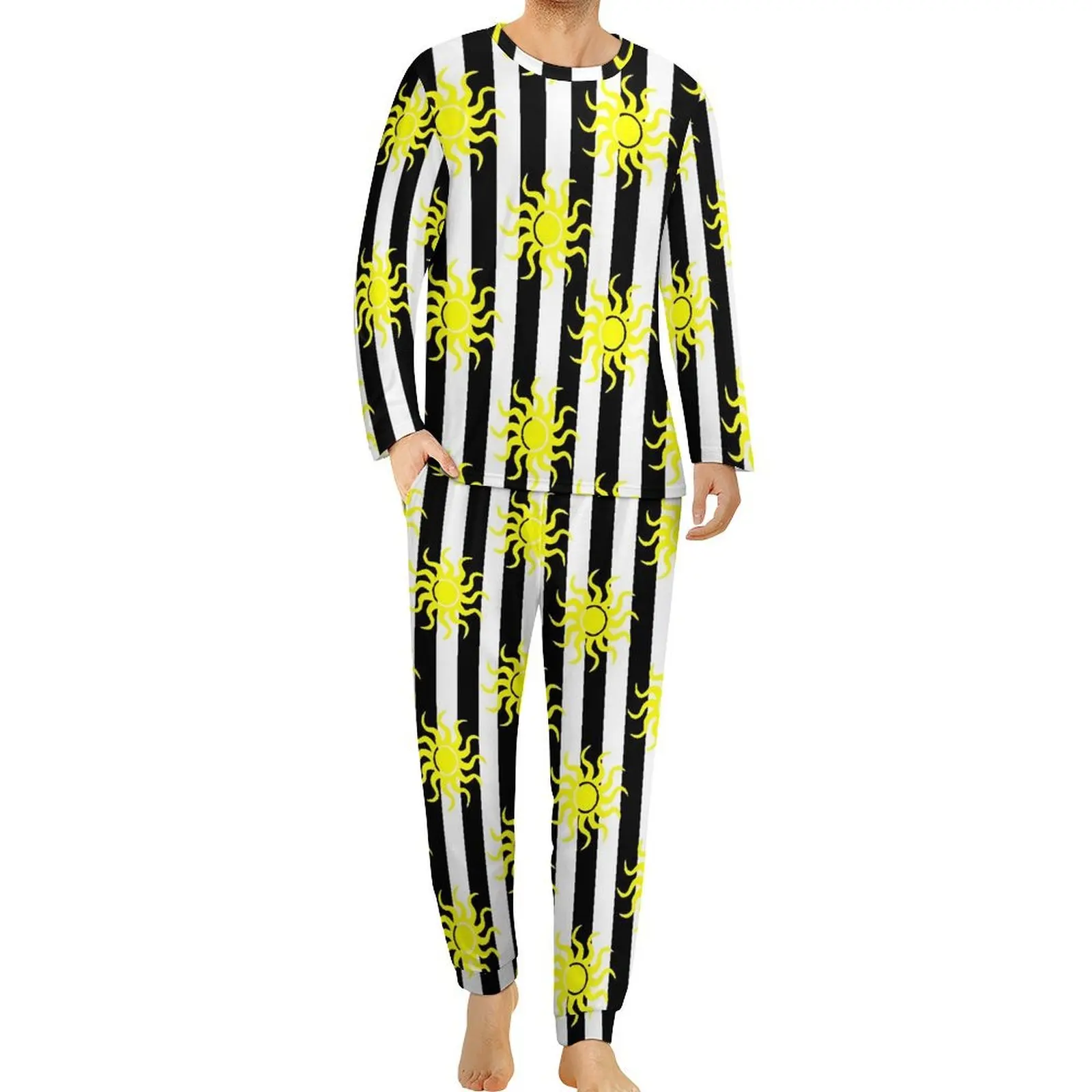 Black And White Stripes with Yellow Sun Pajamas Long Sleeves  2 Pieces Casual Pajama Sets Autumn Man Kawaii Big Size Nightwear