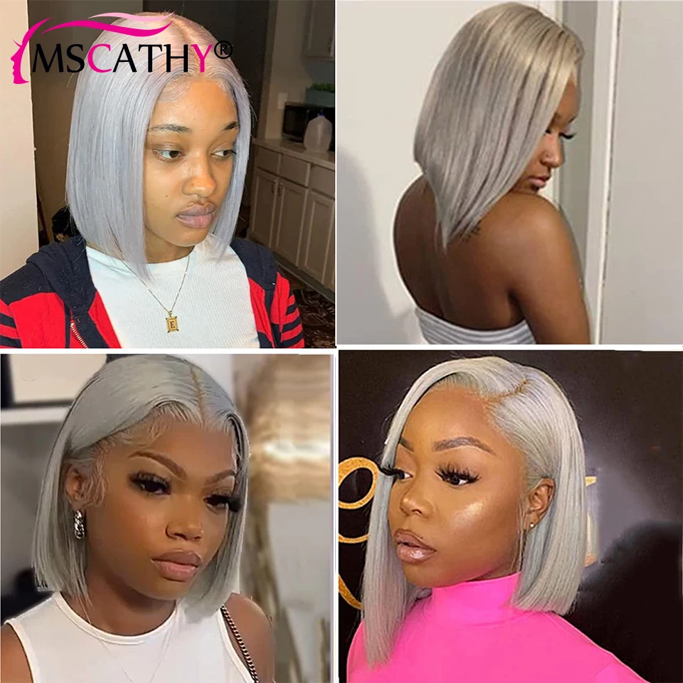 Silver Gray Virgin Human Hiar Lace Front Wig Grey Colored Bob Wigs For Women Short Straight Bob HD Transaprent Lace Frontal Wig