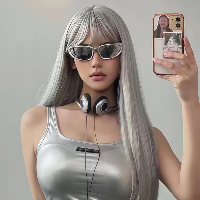

Gray synthetic wig with long straight hair - Halloween party cosplay wig - everyday wig - high-temperature hair accessory