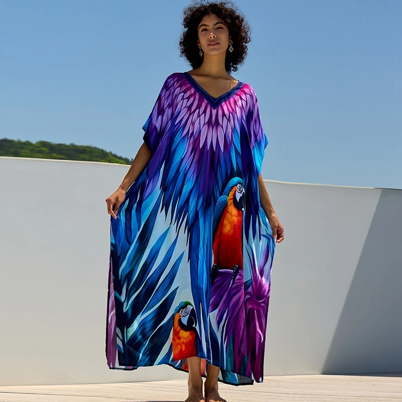 South America Kaftan Exotic Parrot Art Pattern Maxi Dress Women Comfy Loose Fit Caftan Laid-Back Vibe Robe Effortless Cover Ups