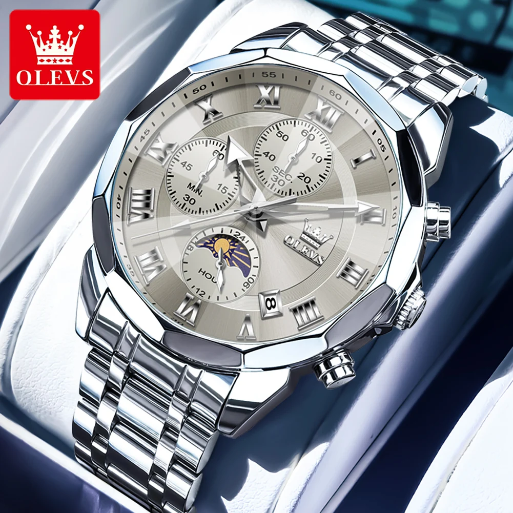 OLEVS 3675 Watch for Men Diamond Business Dress Analog Quartz Stainless Steel Waterproof Luminous Date Casual Wrist Watch Man