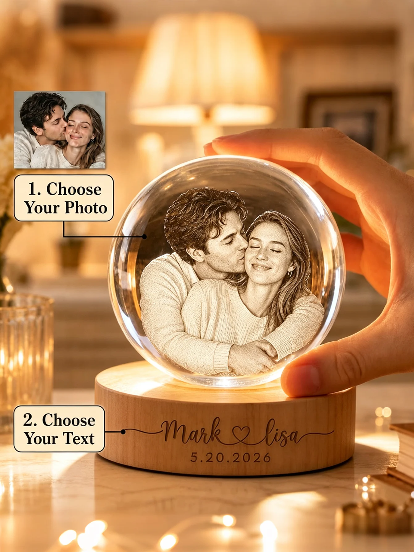 Personalized 3D crystal ball, custom-engraved with photos and text, suitable for anniversaries, birthdays, family gifts, wedding gifts, groom and bride gifts, couple's commemorative gifts, exclusive crystal ball, custom 3D photo crystal ball - engraved with family commemorative phrases, wooden base, commemorative gift, wedding gift, eternal love, gift for family, memorial keepsake, home decoration