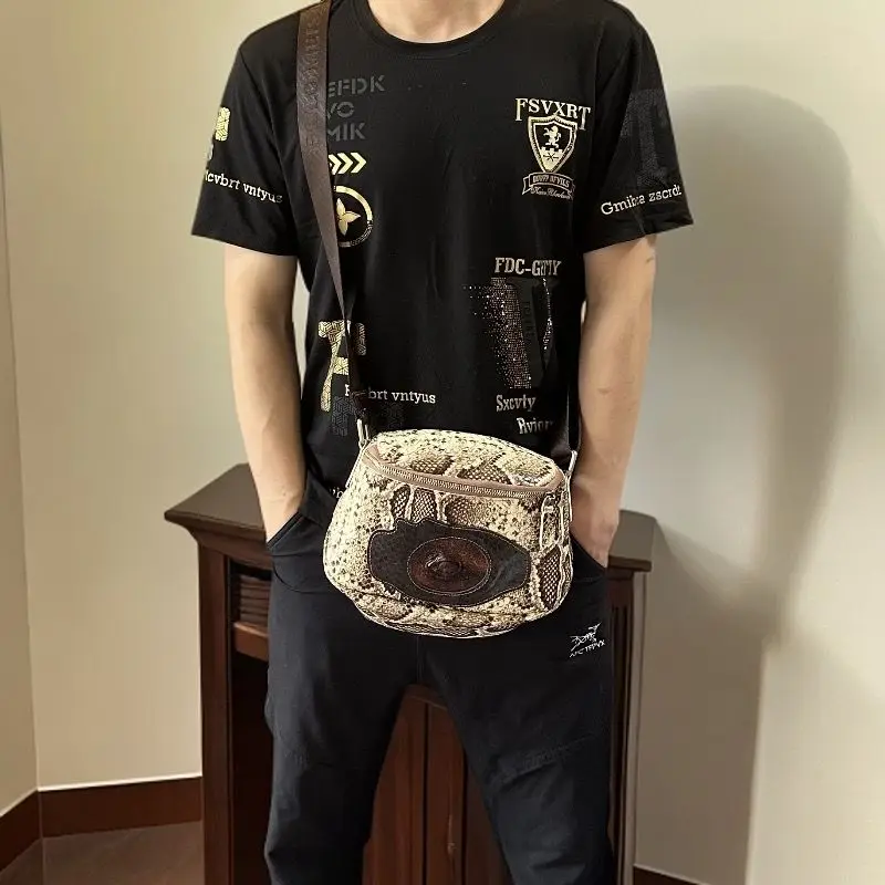 Niche Vintage Leather Deerskin Graffiti Polished Snake Skin Scale Pupil Box Saddle Bag Big Stomach Bag One Shoulder Crossbody