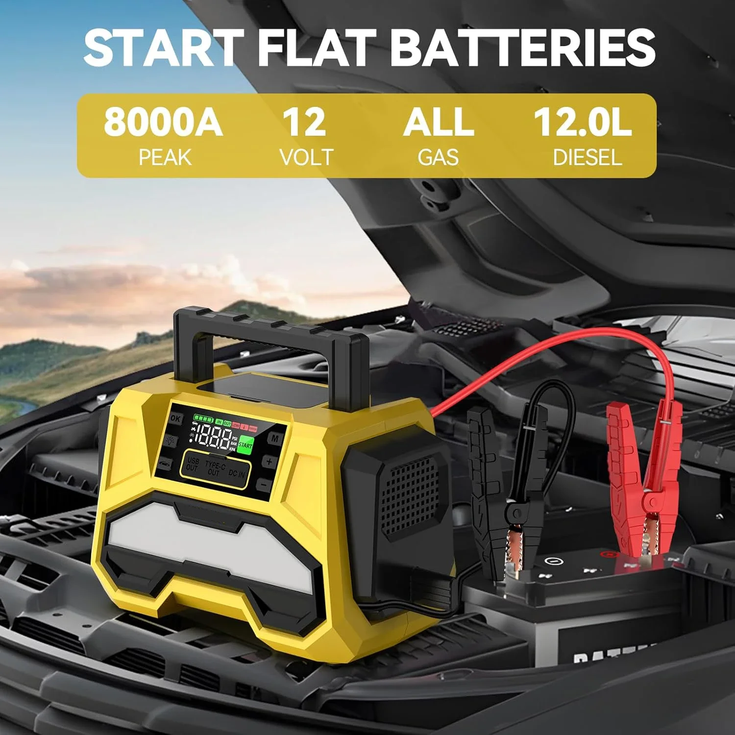 2025 Multi-Functional 8000A Car Jump Starter With Air Compressor with LCD Display and LED Light Portable Power Bank