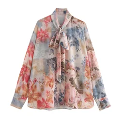 TRAF Autumn New Product Women's Fashion Style Simple Bow Decoration Flower Printed Long Sleeve Casual Shirt