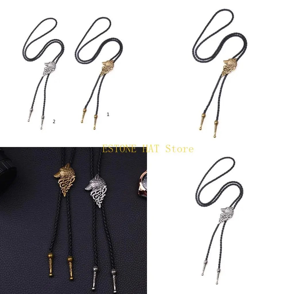49MF Vintage Western Cowboy Bolo Tie Wolf Necktie Necklace Costume Accessory
