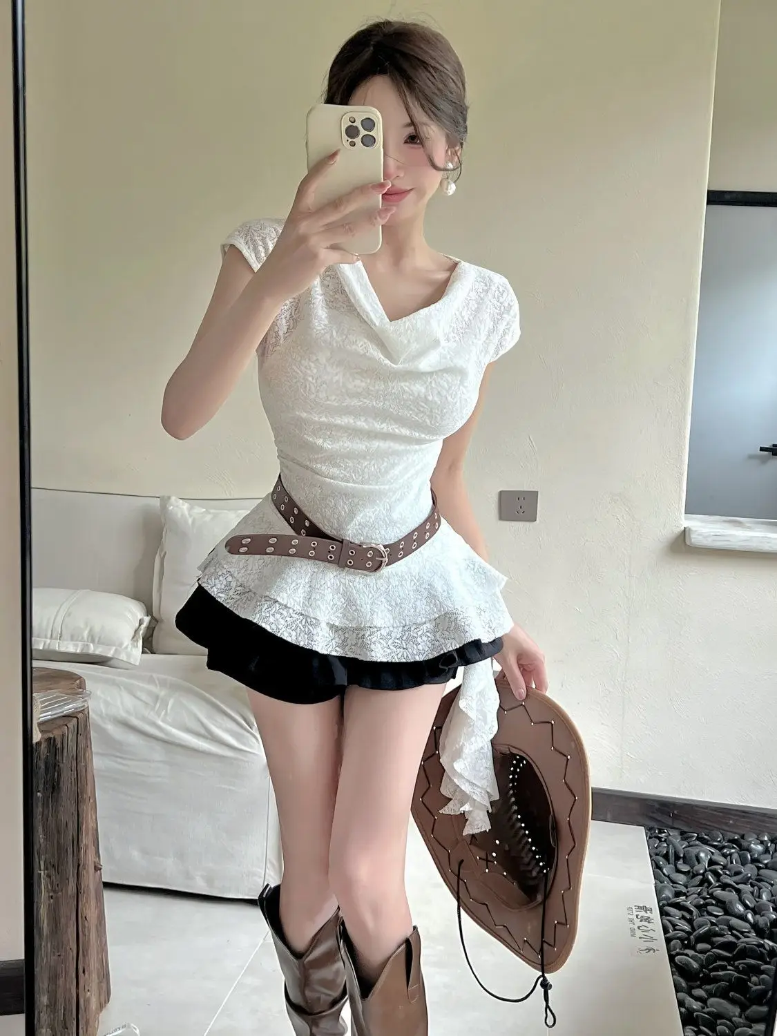 Squeezes Waist Show Off Weight Ruffled Lace Shirt Layered One Shoulder Swing Collar Short Sleeved Top Summer
