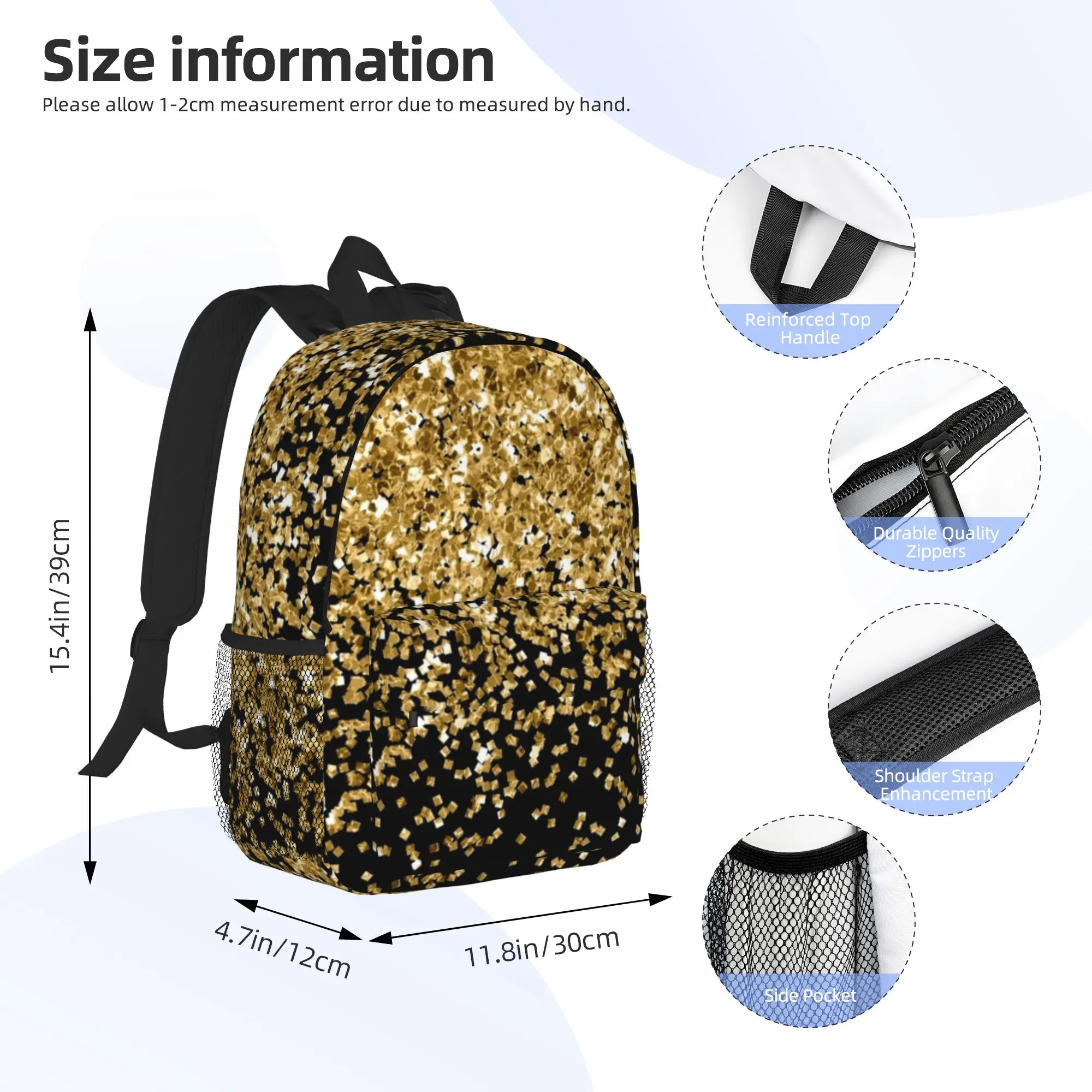 Black And Gold Glitter Pattern Backpack Hot Sale Daypack Large Capacity Boys Girls BookBag Shoulder Bag for Men Women School Bag