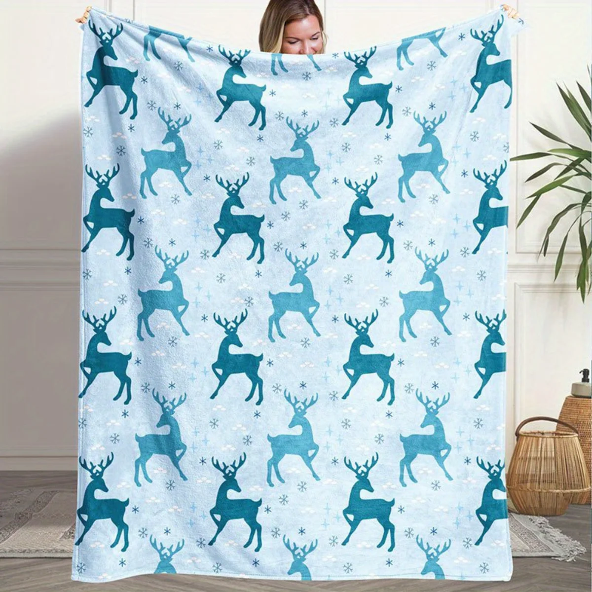 1 بطانية من الفلانيل مطبوعة على شكل غزال الرنة وندفة الثلج - دافئة ومريحة، مثالية للأرائك والمكاتب والأسرة والتخييم وعيد الميلاد. #1