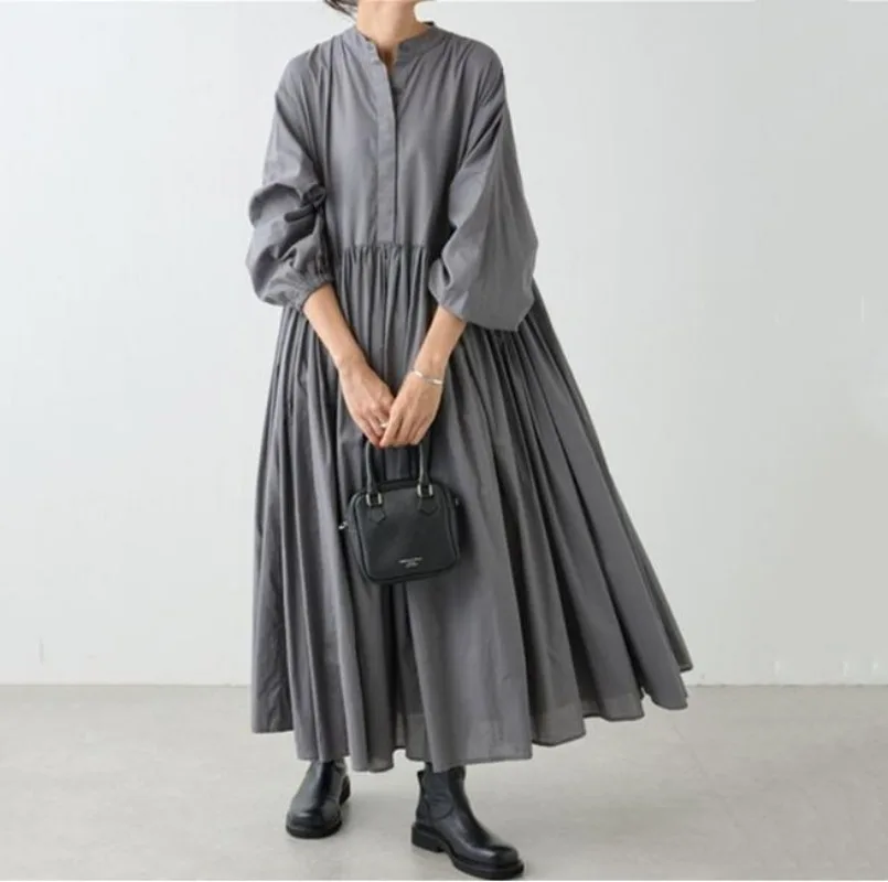 

Japanese Stand Collar Pleated Dresses Elegant Single Breasted A-line Dress Casual Long Puff Sleeve Loose Vestidos 2024 Autumn