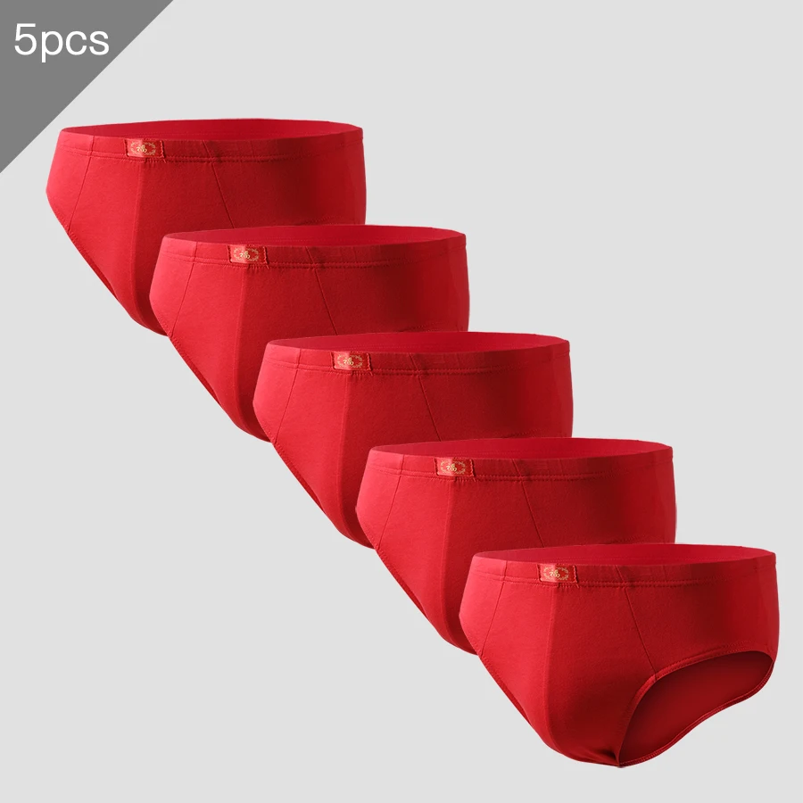 5 قطع ملابس داخلية رجالية لسن النمر، مثلث قطني كامل، أحمر ناصع، هدية زفاف، شورت بأربعة زوايا