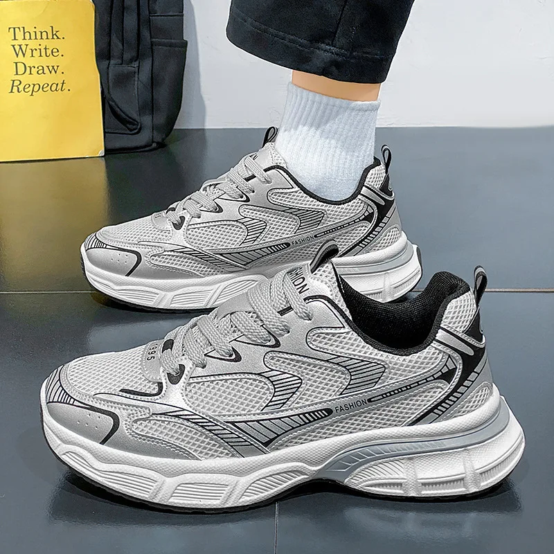 Autumn New Men's Shoes Silver Casual Sneakers With Mesh Breathable Running Shoes With Thick Sole For Sports And Running