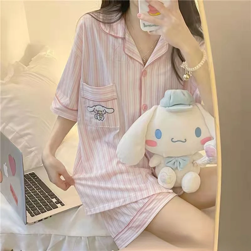 New Summer Short Hello Kitty Pajamas For Women Pyjamas Set Cartoon Cinnamonll Kuromi Short-sleeved Shorts Pants