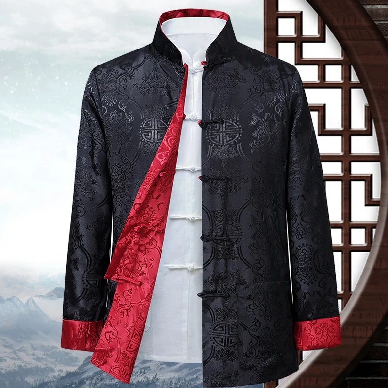 chinese-sle-long-sve-men's-tang-suit-double-sided-wear-outerwear-casual-geometric-pattern-artificial-fiber-no-brand