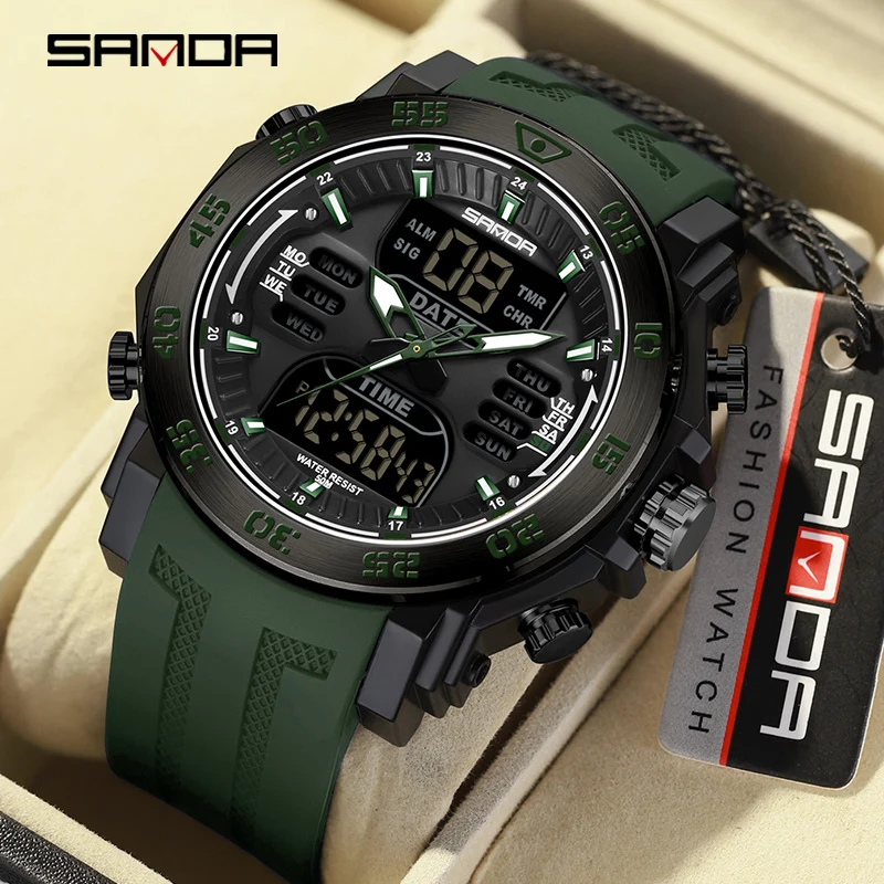 SANDA New Men\'s Watches 50M Waterproof Sports Electronic Quartz Wristwatch LED Dual Display Digital Men Clock Relogios Masculino