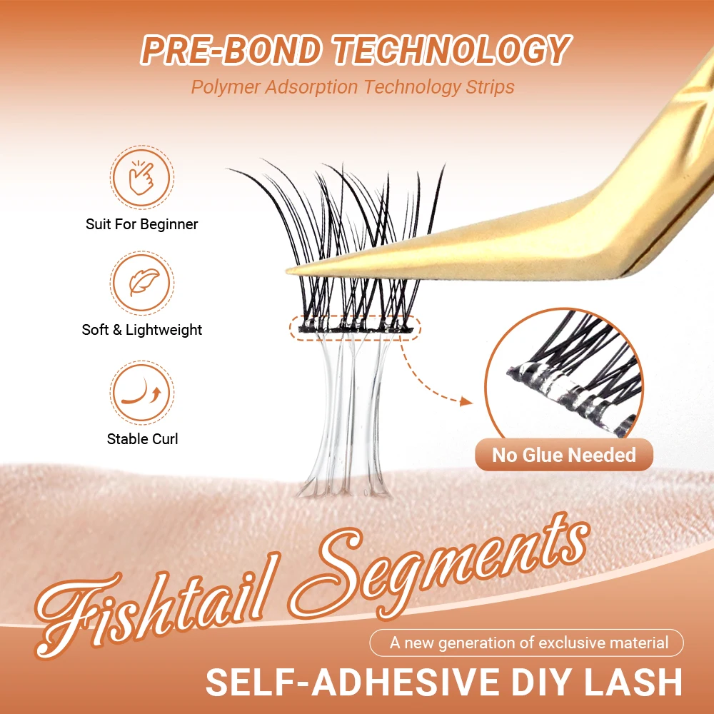 Lashtalk Fishtail Segments Lashes Self Adhesive DIY False Eyelash No Glue Remover Needed One-Step Reusable Pre-Glued 60 Clusters