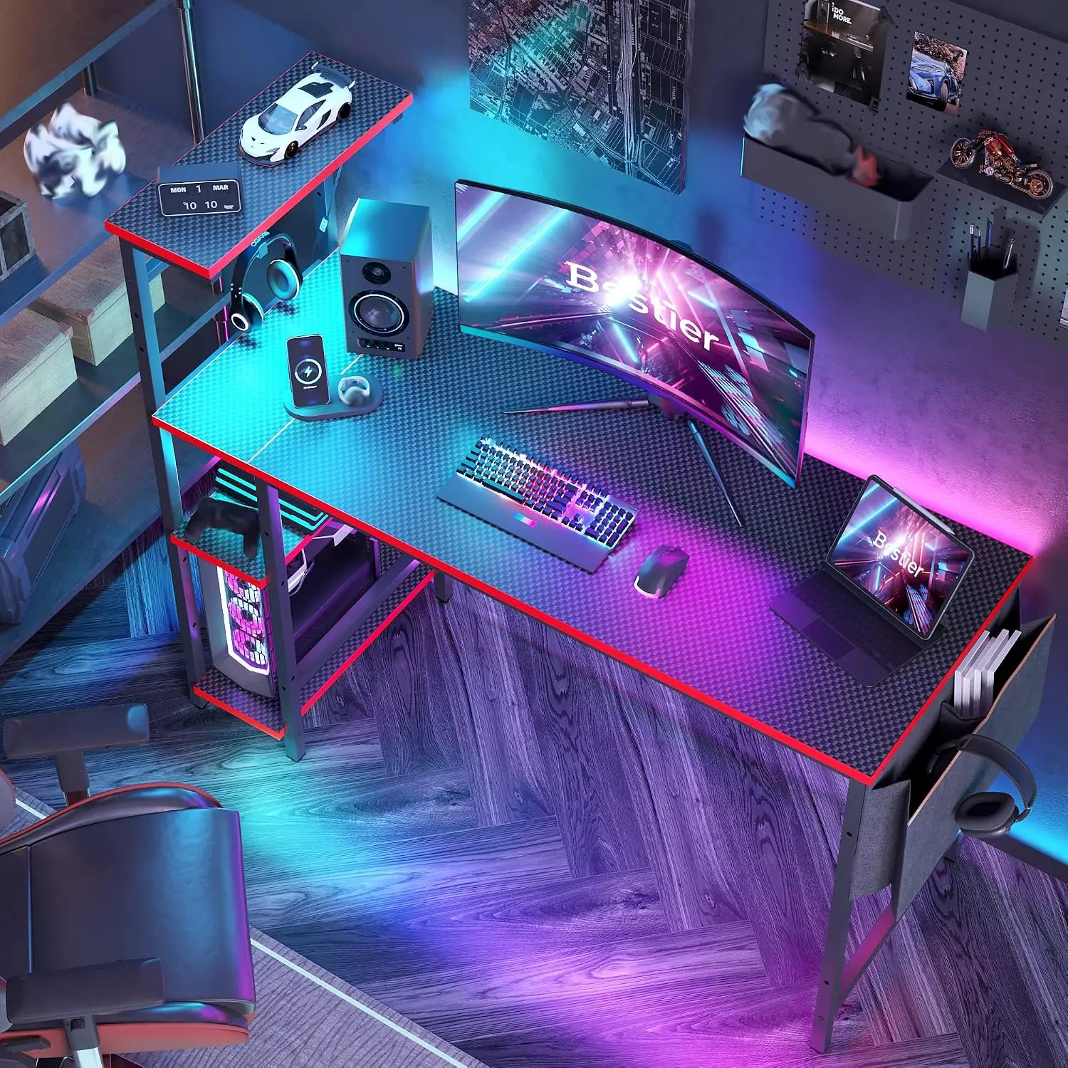 Gaming Desk with LED Lights, 51.3 Inch Computer Desk with 4 Tiers Reversible Shelves, Gamer Desk with Side Storage Bag