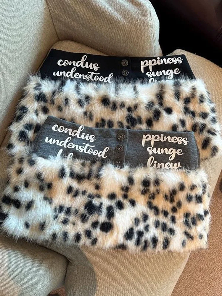 Sexy Y2K Leopard Mini Skirt Women Low Waist Faux Fur Retro Slim A Line Skirts American Harajuku Fall Winter Female Letter Skirt