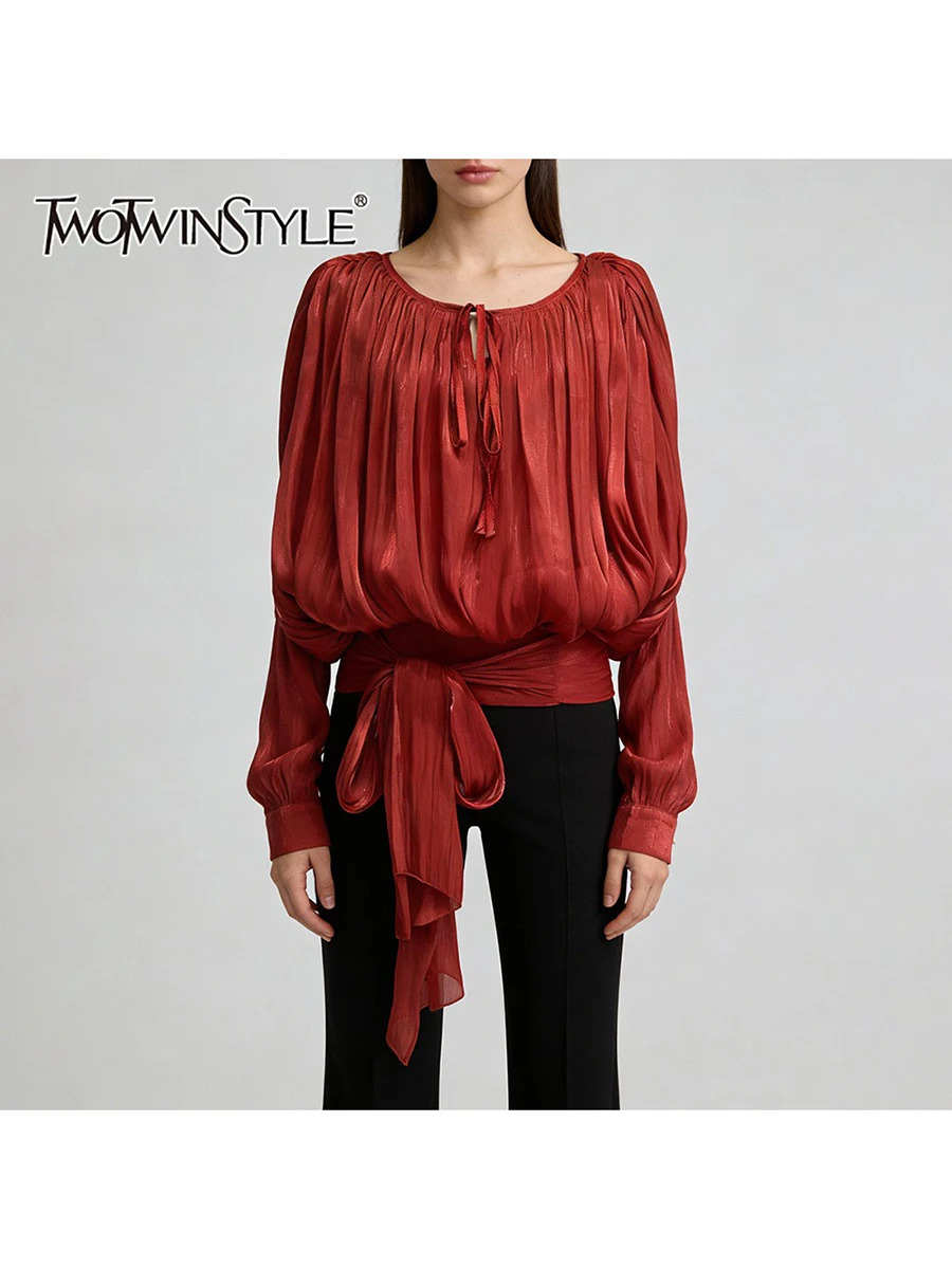 

TWOTWINSTYLE Solid Loose Spliced Shirring Fashion Blouses for Women O Neck Long Sleeves Patchwork Lace Up Elegant Blouse Female