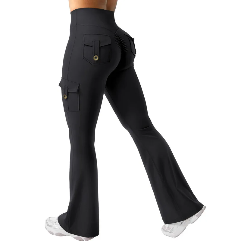 Women Cargo Flare Pants Scrunch Butt High Waisted Bootcut Leggings with Pockets Casual Streetwear Sporty Trousers