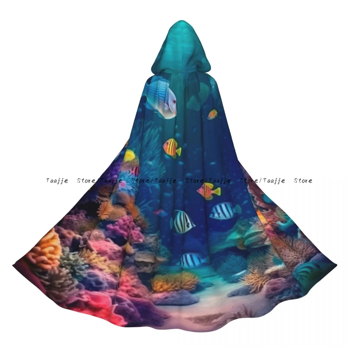 

Colorful Fish And Sea Animals With Coral Underwater Ocean Witch Cloak Hooded Cosplay Costume Halloween Adult Long Party Cape