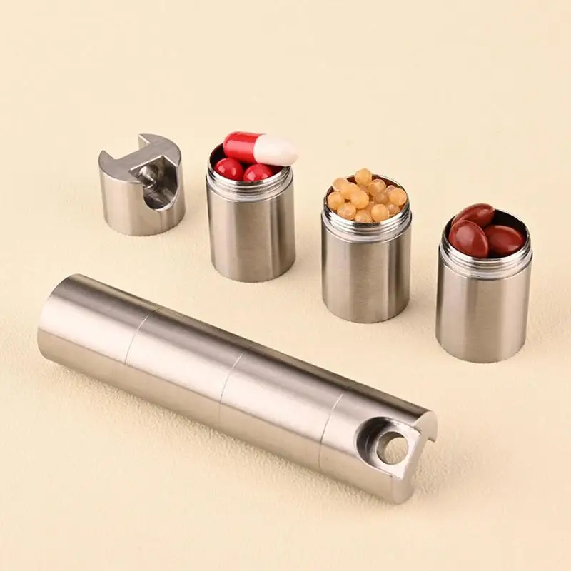 Portable Waterproof Metal Capsule Box Mini Medicine Holder Keychain Stainless Steel Pill Case Pendant Mini Travel Pill Box