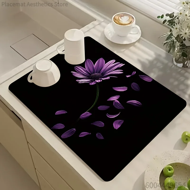 Purple Daisy Coffee Pot Cookie Floral Print Super Absorbent Drying Mat Waterproof Kitchen Counter Drain Pad Decor Placemat