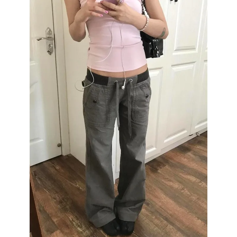 American Retro Low Waist Washed Plus Size Loose Jeans Women Lace Up Flared Wide Leg Jeans Y2k Vintage Streetwear Daily Casual