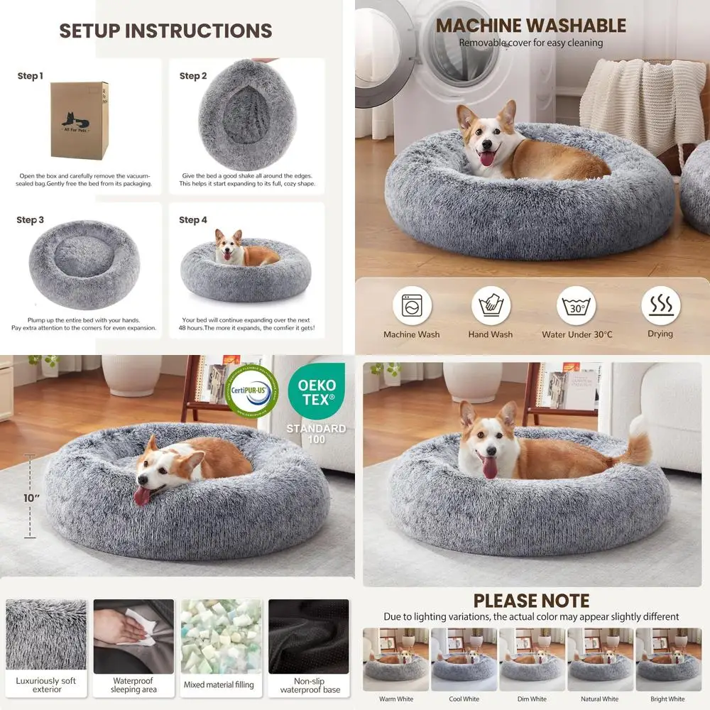 

Medium Round Faux Fur Dog and Cat Bed with Washable Cover and Anti-Slip Base, Grey, 36