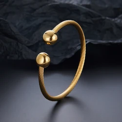 Double ball gold-plated stainless steel bracelet, twisted steel wire C-shaped design, classic fashion jewelry