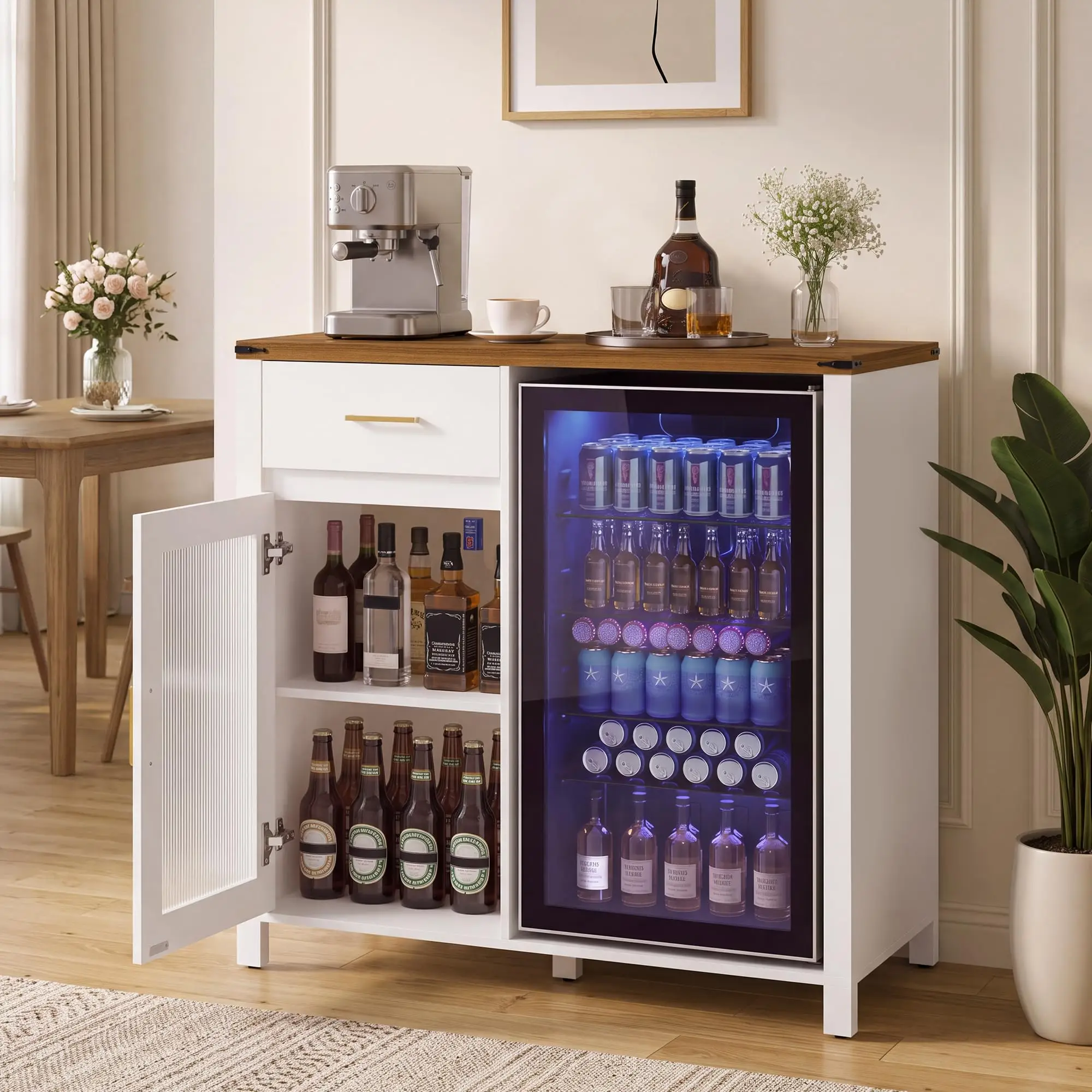 Coffee Bar Cabinet With Mini Fridge Space, 53.1 Inch Countertop, Drawer, Fluted Storage Sideboard For Kitchen Office Dorm Home