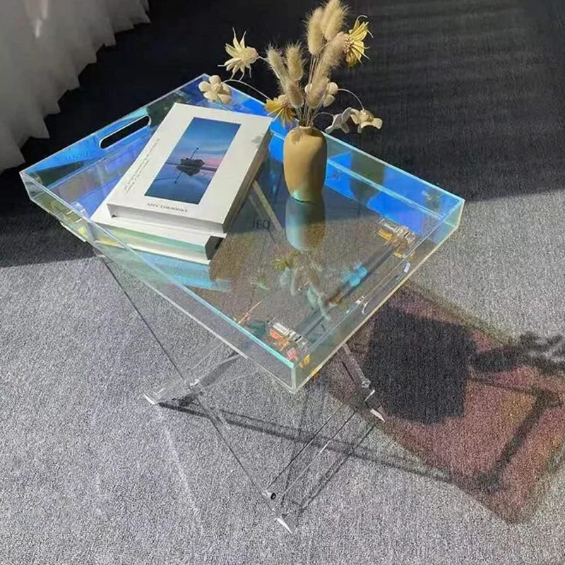 Iridescent folding Transparent Acrylic Table Rotatabl Square Balcony Afternoon Tea Table Bedside Storage Organizer Coffee Tables