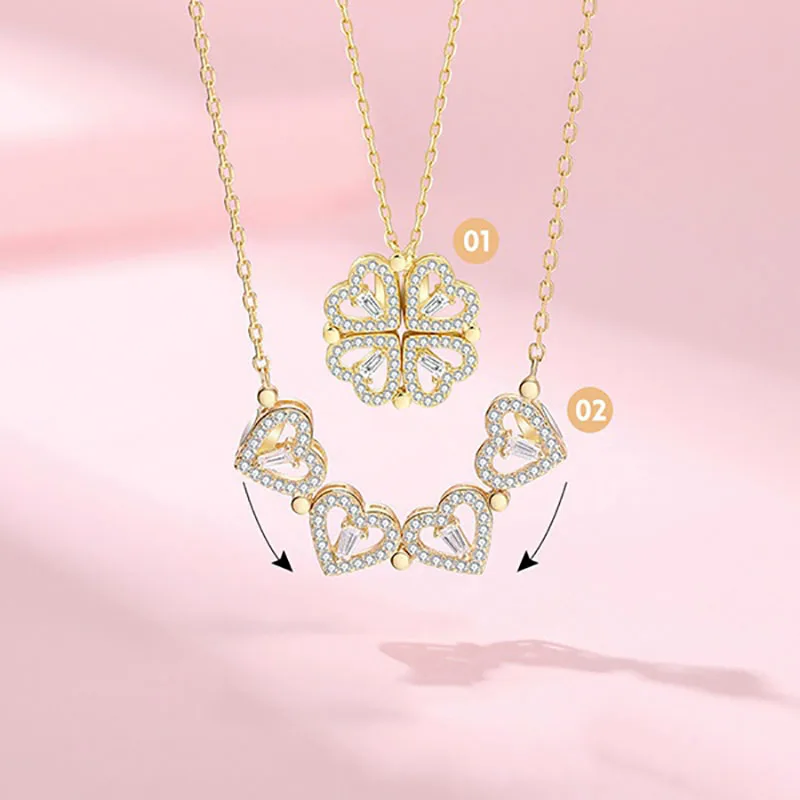 1pc Heart Shaped Four Leaf Clover Pendant Necklace Jewelry Zircon Women Love Clavicle Chain Gifts Openable ChokerJewelry_maomaolike.com
