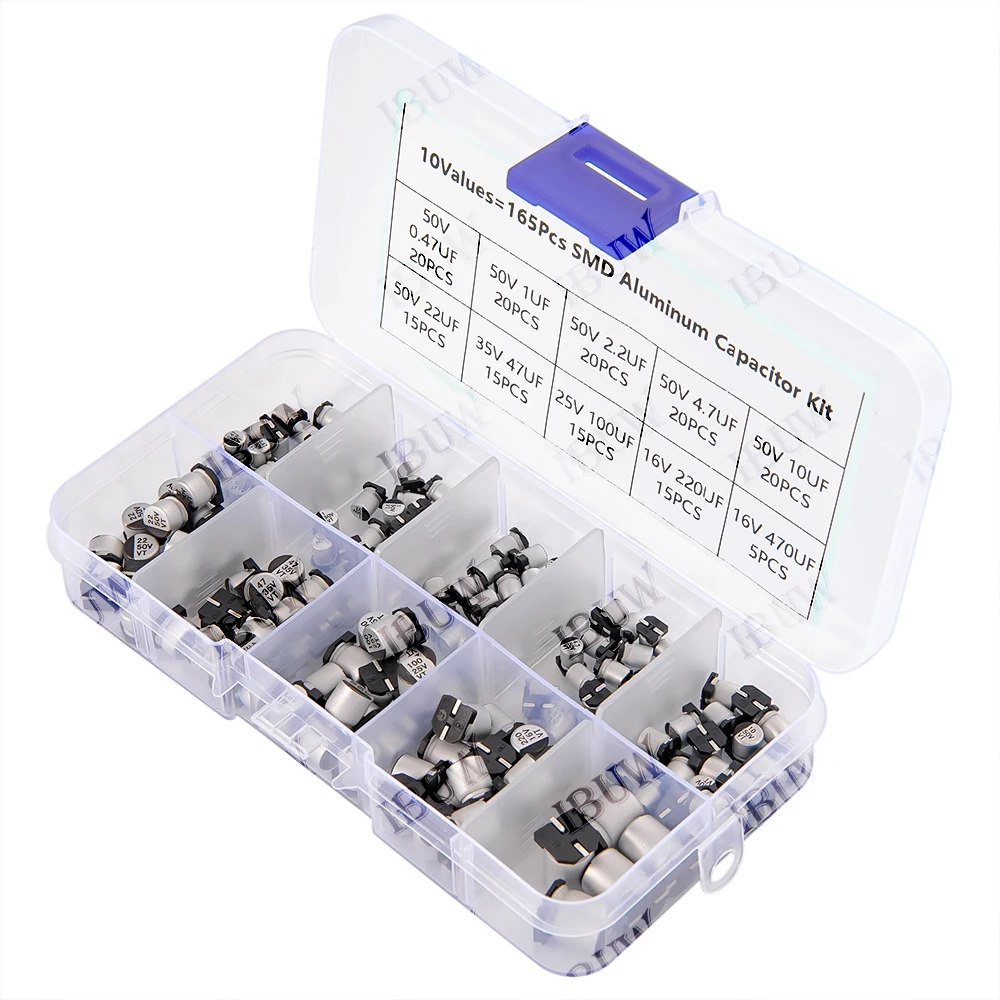

Набор из 165 алюминиевых электролитических конденсаторов SMD, 10 различных значений – Ассортимент для ремонта электроники и DIY, 50В 22мкФ, 35В 47мкФ