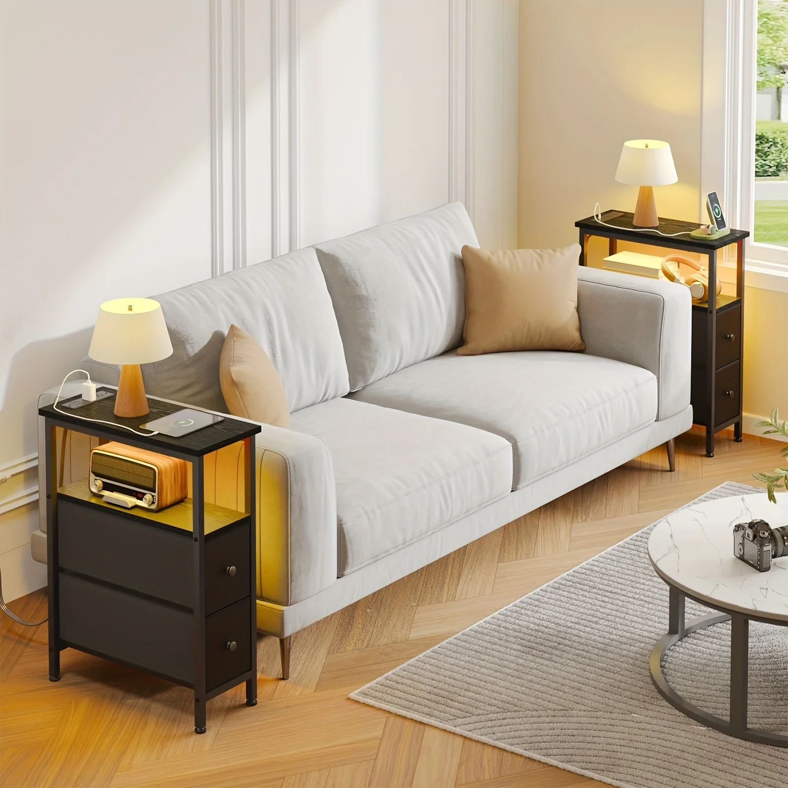 

WHONLINE 1pc/2pcs Narrow Night Stand with Charging Station, End Table, Narrow Side Table with 1/2 Fabric Drawers, Skinny Nightstand with Storage, for Living Room, Small Spaces, School And Dormitory Storage, Brown And Black, for Christmas