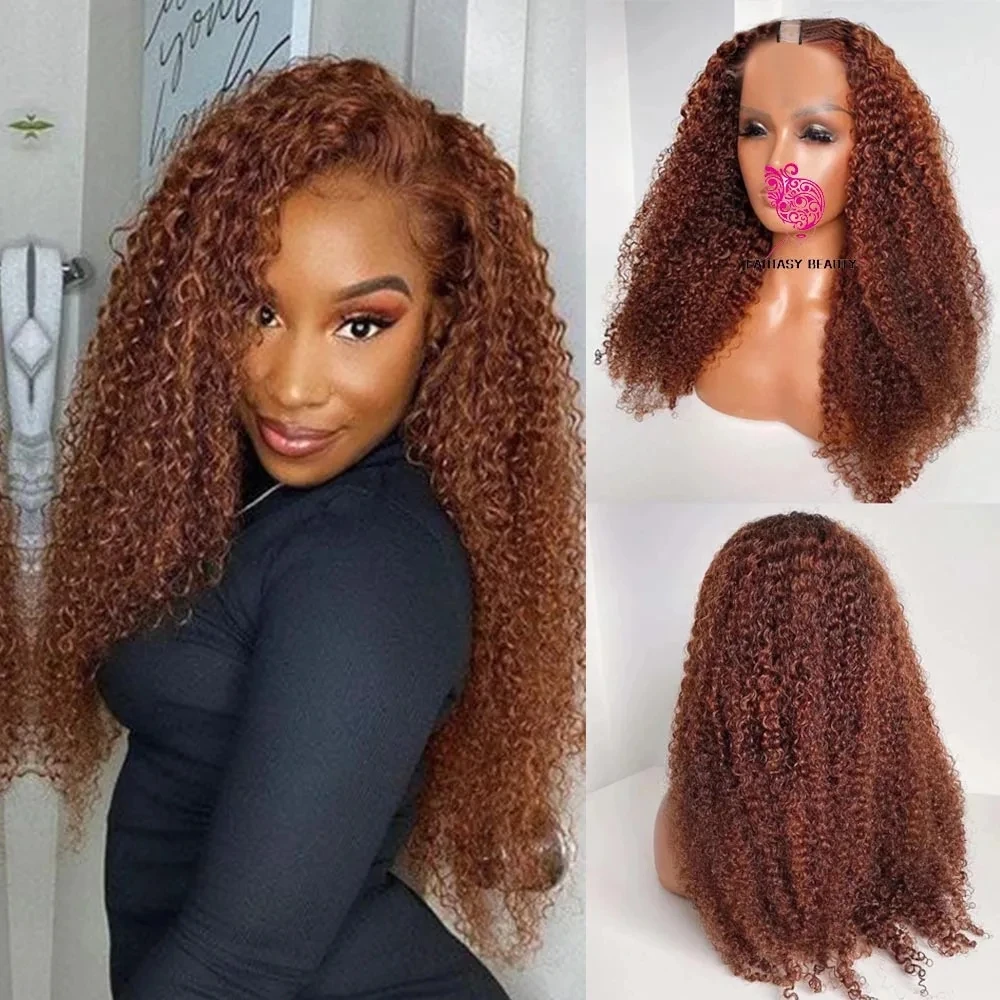 

Best Cheper Long 30 inch Ginger Brown V Part Wig Human Hair Afro Kinky Curly 250 Density Wig Remy Hair U Shape Full Machine