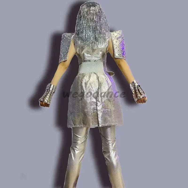 New Sequins Silver Bar Gogo Punk Set Performance Suit Singer Costume
