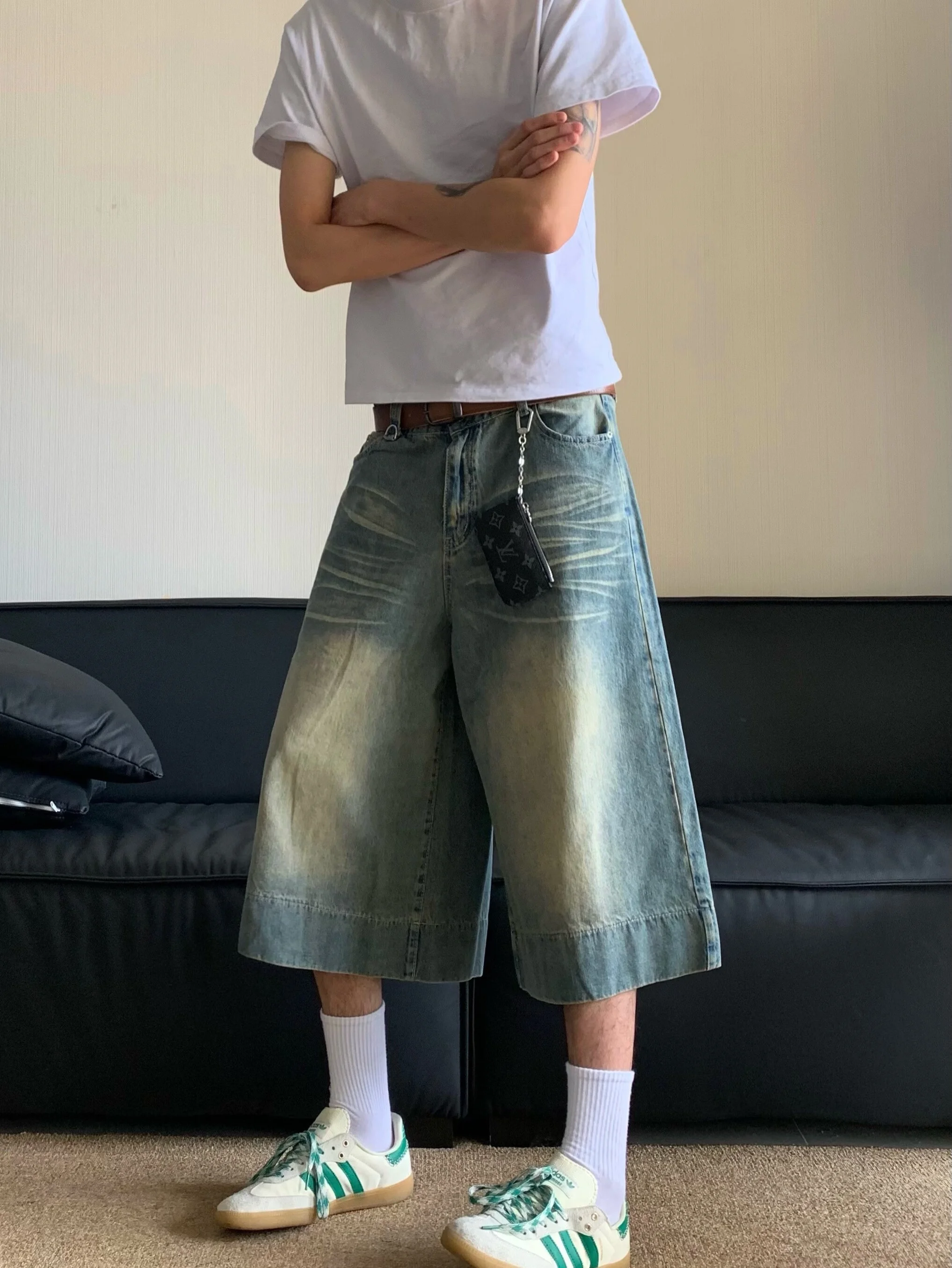 

Summer Men's Trendy Wide Leg Jeans orts Vintage Waed Straight Cut Casual Faion Blue Denim mid Waist Seven Inches Long