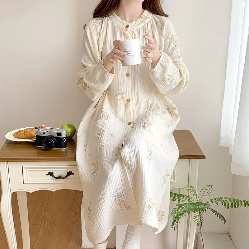 

100% Cotton Double Gauze Nursing Night Dress for Maternity Long Sleeve Floral Printed Sleepwear for Pregnant Women Home Hospital