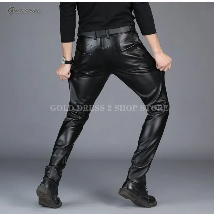 Spring Summer Men Leather Pants Elastic High Waist Lightweight Casual PU Leather Trousers Thin Causal Trousers